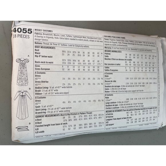 Simplicity 4055 Misses Regency Era Costume Sewing Pattern Sizes RR 14-20 Vintage - Picture 3 of 6